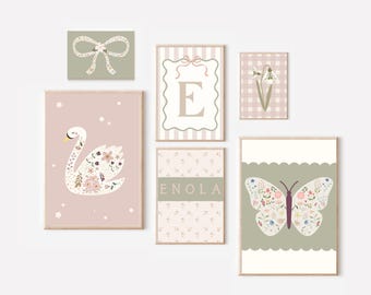 Set of girls pretty pink and sage green gallery wall prints, with a floral and bow theme, for a girls room, playroom or nursery (unframed).