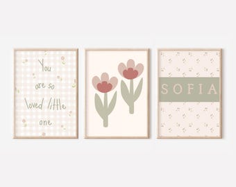 Set of 3 girls gingham and wildflower prints (unframed)