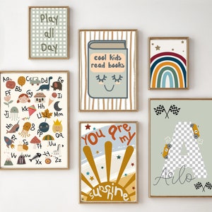 Set of gallery wall prints for a playroom, bedroom or nursery, including a personalised race car initial and name print (prints only).