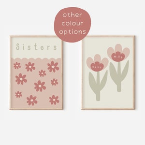 Personalised sisters prints. Set of 2 name and flower prints for girls bedroom, nursery or playroom (prints only)
