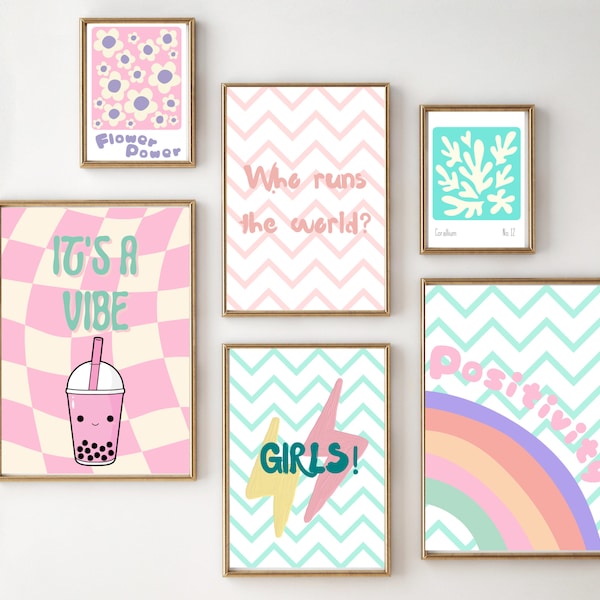 Set of teen and tween girls room prints. Flower power and positivity wall art. Gallery wall prints, printed and shipped (prints only).