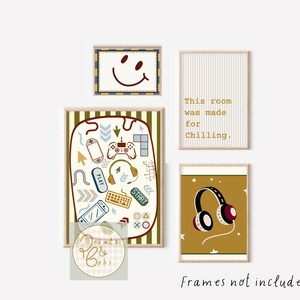 May include: Set of four printable wall art prints featuring a smiling face, a text print that says "This room was made for chilling", a print with a gaming theme, and a print with headphones. The prints have a brown, yellow, and blue color scheme.