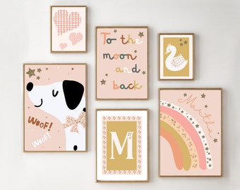 Set of girls room or nursery prints including a personalised name rainbow print. Gallery wall prints, printed and shipped (prints only).