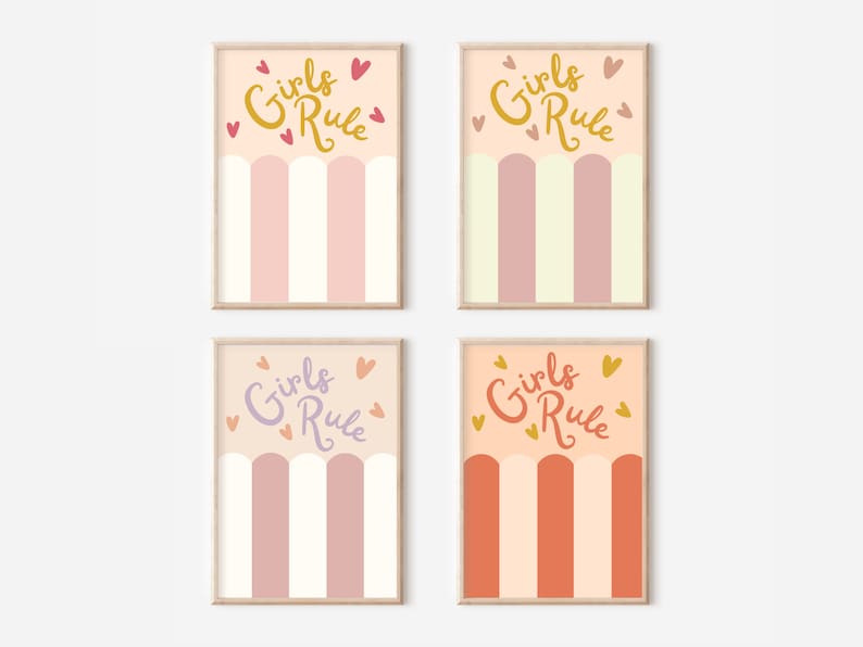 May include: Four printable wall art prints with a pink, peach, and cream striped background. Each print features the text "Girls Rule" in gold lettering with small hearts scattered around the text.