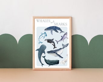 Whales and Sharks print. Sea theme playroom, boys and girls room art (print only)