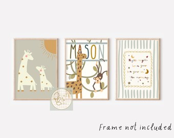 Set of 3 safari animal prints with a boho colour scheme perfect for a nursery, girls or boys bedroom or playroom (prints only)