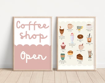 Imaginative play coffee shop prints. Set of 2 playroom prints perfect to create a play kitchen and coffee shop area (print only).