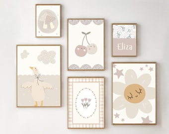 Set of girls room or nursery neutral prints including a personalised name print. Gallery wall prints, printed and shipped (prints only).