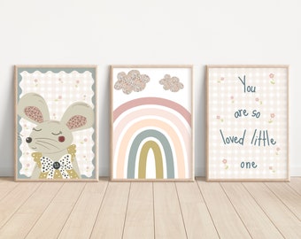 Set of 3 girls nursery prints. Pretty gingham and ditsy flower mouse and rainbow you are so loved quote (prints only)