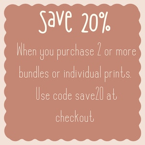 Pu&ograve; includere: Grafica promozionale color terracotta con bordo smerlato. Il testo recita "Save 20%", seguito da dettagli sull'acquisto di bundle o stampe. La frase "Use code save20 at checkout" &egrave; in basso.
