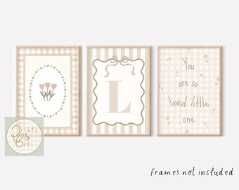 Set of 3 personalised bow initial, gingham and wildflower prints (unframed)