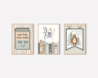 Set of 3 reading and book themed children’s prints. Perfect for girls rooms, boys rooms, playrooms and nurseries (UNFRAMED)