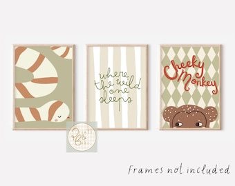 Set of 3 safari animal prints with an earthy colour scheme perfect for a nursery, girls or boys bedroom or playroom (prints only)