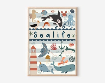 Ocean and sealife print.  Perfect for a nautical and under the sea themed room, playroom or nursery (print only)