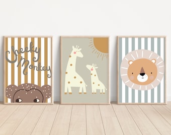 Set of 3 safari animal prints with a boho colour scheme perfect for a nursery, girls or boys bedroom or playroom (prints only)