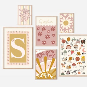Set of gallery wall prints for a playroom, girls bedroom or nursery, including a personalised initial print and name print (prints only).