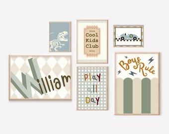 Set of gallery wall prints for a playroom, bedroom or nursery, including a personalised race car name print (prints only).