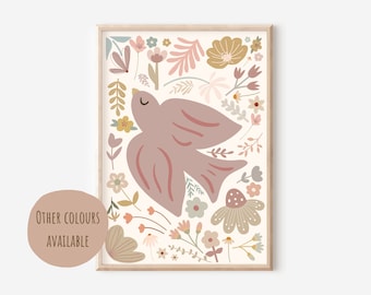 Pretty floral dove print. Wall art perfect for girls rooms, a playroom or a baby girls nursery (unframed)