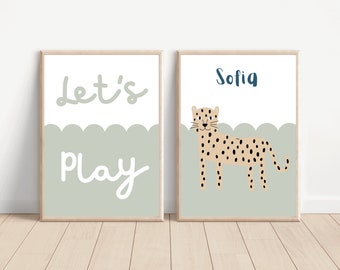 Cheetah/leopard let's play safari theme nursery prints. Personalised set of 2 kids prints (prints only)