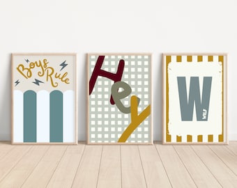 Set of 3 boys rule, hey and a personalised initial print. Perfect for a nursery, bedroom or playroom (prints only)