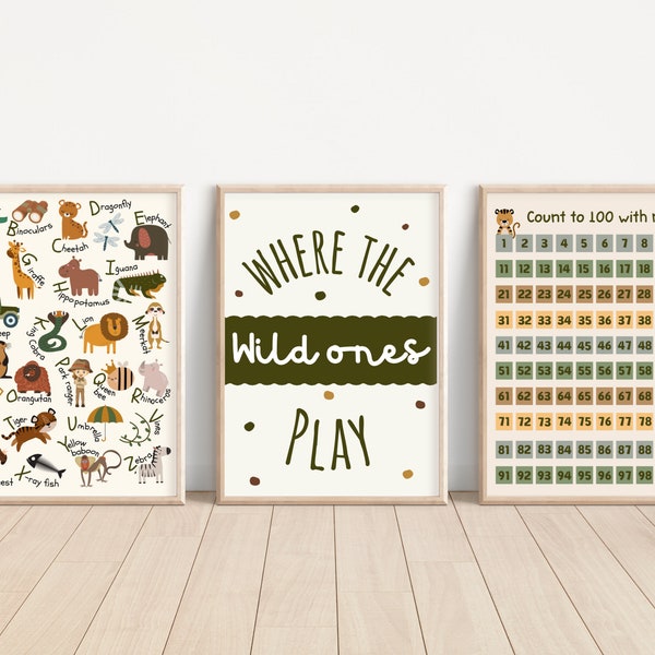 Safari and jungle theme educational prints. Alphabet, numbers and where the wild ones play gender neutral wall art (prints only, unframed).
