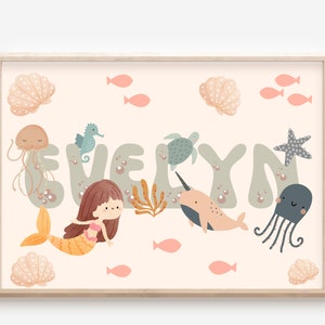 Personalised ocean print. Perfect for a mermaid and shell theme girls room, playroom or nursery print only. image 2