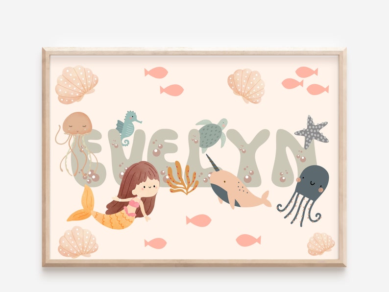 Personalised ocean print. Perfect for a mermaid and shell theme girls room, playroom or nursery print only. image 2