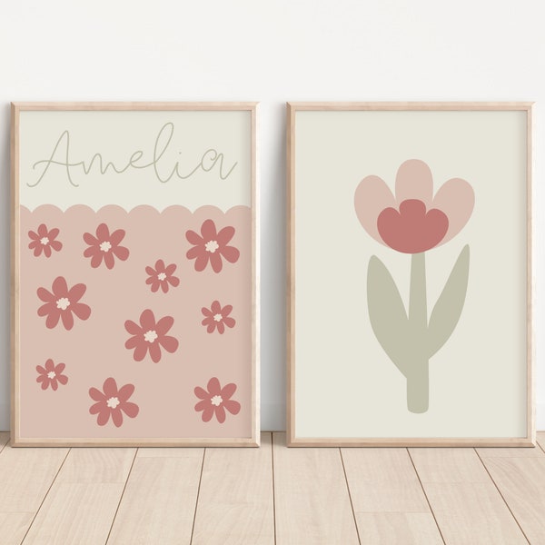 Set of 2 personalised name flower prints for girls bedroom, nursery or playroom (prints only)