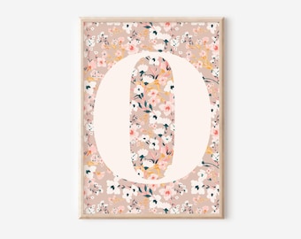 Personalised girls pastel ditsy flower initial print. Perfect for a girls room, nursery or playroom (unframed)