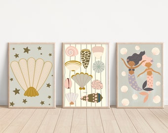 Mermaid and shell themed prints for a nursery, little girls room or playroom. (Prints only).