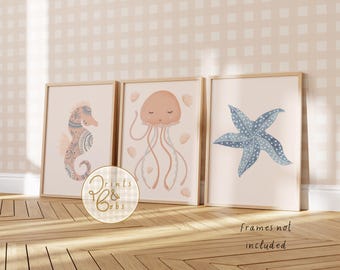 whimsical ocean nursery prints, toddler jellyfish posters, tween starfish wall art, pastel seahorse picture, mermaid girls room decor
