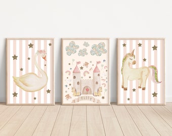 Set of 3 personalised fairytale, princess and unicorn prints. Perfect for a girls room, girls nursery or playroom (prints only)