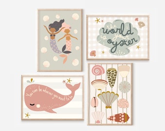 Mermaid, shell, sealife and ocean nursery and children's room prints. (Prints only).