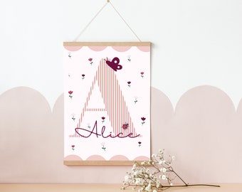 Personalised initial name print for girls room, nursery or playroom. Stripe, flowers and butterfly theme (print only)
