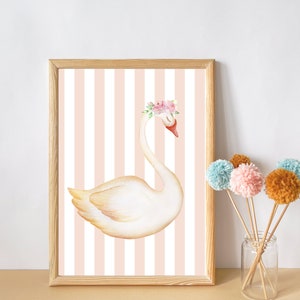 May include: A framed print of a white swan with a pink flower crown on a pink and white striped background.