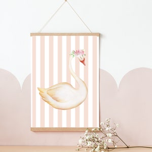 May include: A watercolor illustration of a white swan with a pink flower crown on a pink and white striped background.