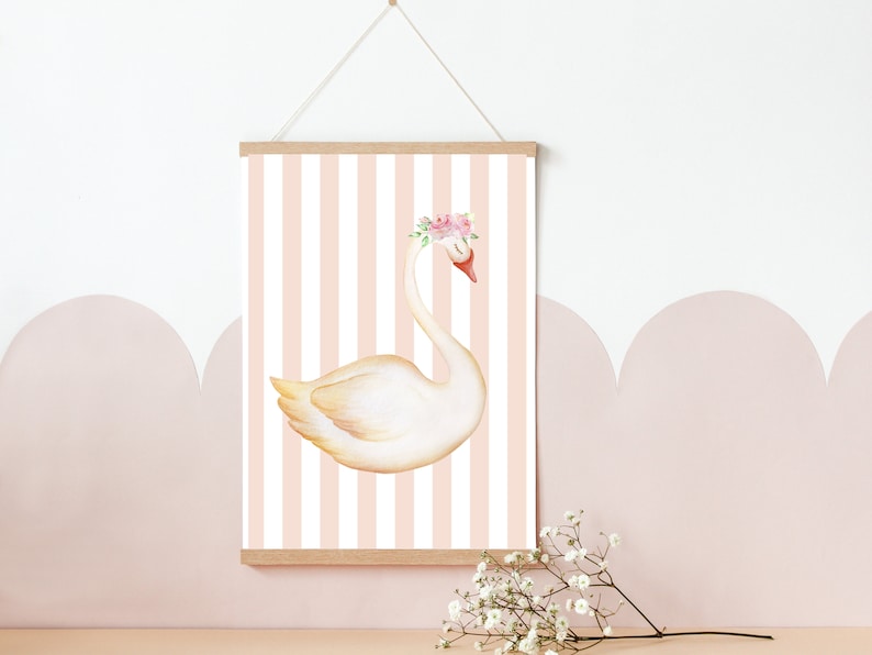 May include: A watercolor illustration of a white swan with a pink flower crown on a pink and white striped background.