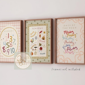 Girls educational prints, set of 3 girly seasons, days of the week and numbers 1-10 posters, playroom pictures, toddler learning walls art