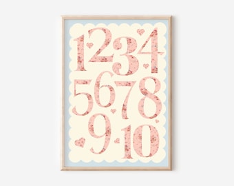 Pretty pink and blue ditsy flower number print. Perfect for girls rooms, playrooms and nurseries (print only)