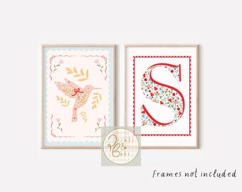 Set of 2 personalised initial and hummingbird prints for girls bedroom, nursery or playroom (prints only)