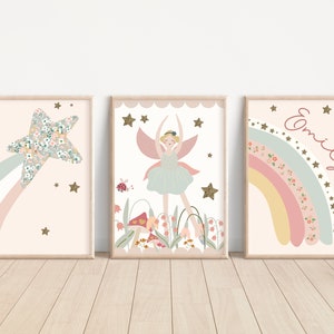 Lot de 3 impressions personnalisées de fées, d'arc-en-ciel et d'étoiles filantes. Parfait pour une chambre de fille, une chambre d'enfant ou une salle de jeux (impressions uniquement)