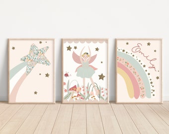 Set of 3 personalised fairy, rainbow and shooting star prints. Perfect for a girls room, nursery or playroom (prints only)