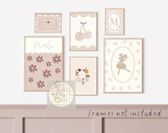 Set of girls pretty soft pink personalised gallery wall prints for a girls room, playroom or nursery (unframed).