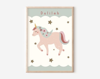 Unicorn and stars print. Perfect for a unicorn and princess themed girls room, playroom or nursery (print only)