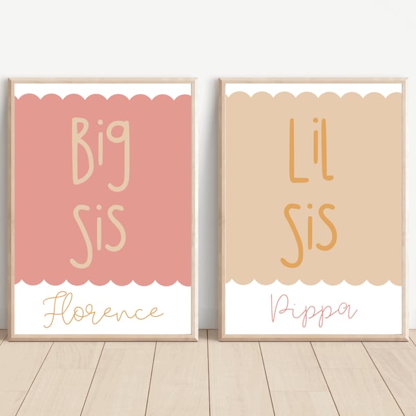 Set of 2 'Big Sis, Lil Sis' playroom and bedroom prints. Wall art for sisters (prints only)