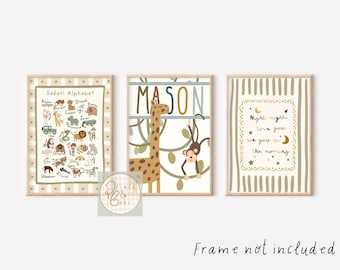 Set of 3 safari animal prints with a boho colour scheme perfect for a nursery, girls or boys bedroom or playroom (prints only)