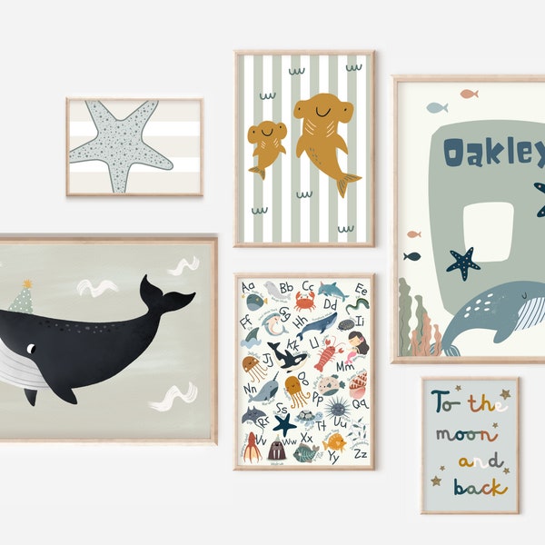 Set of ocean prints for a child’s room or nursery, including an ocean alphabet and personalised initial print (prints only, unframed).