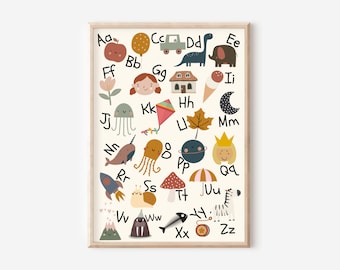 Kids educational alphabet print. Perfect gender neutral wall art for a playroom, nursery or child’s room (print only)