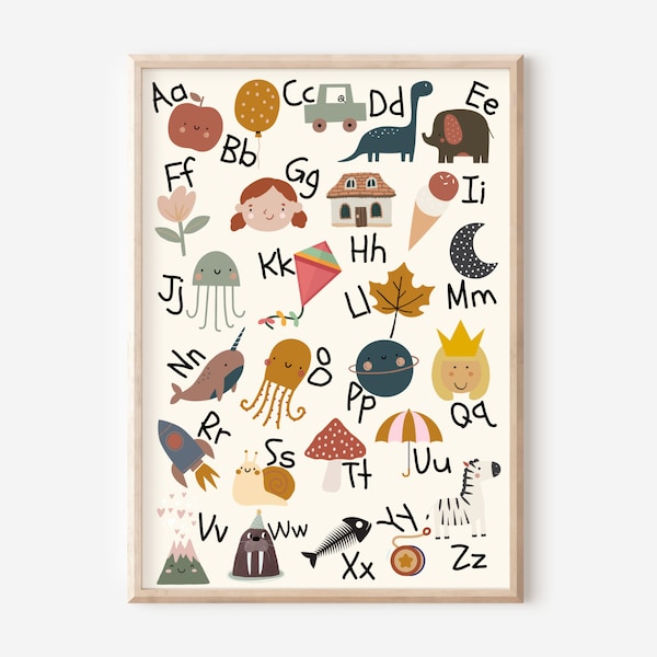 Kids educational alphabet print. Perfect gender neutral wall art for a playroom, nursery or child’s room (print only)