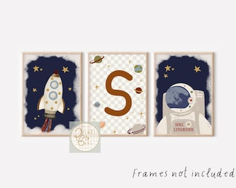 Set of 3 personalised children’s space prints. Rocket, astronaut and personalised initial (unframed).
